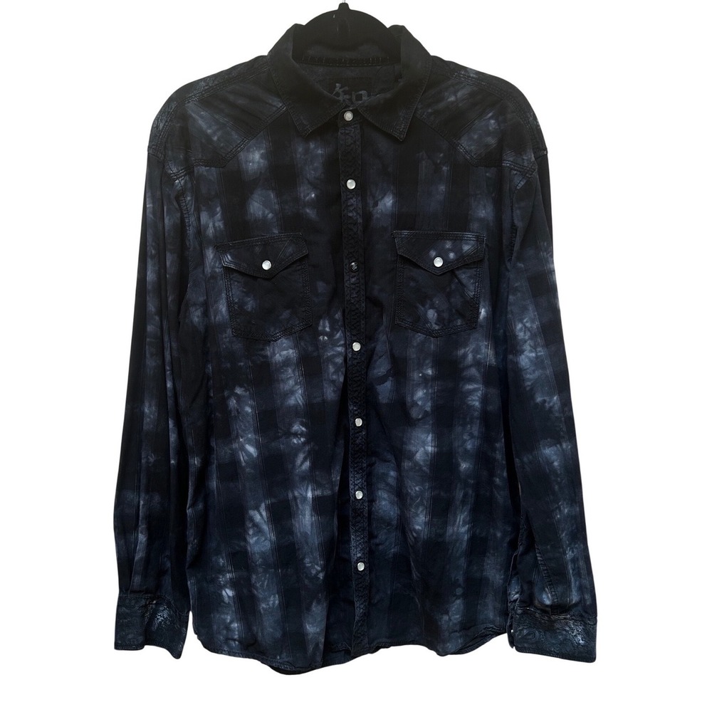 Age of Wisdom Mens XL Western Snap Shirt‎ Tie Dye Plaid Black Grey Paisley Yoke - Picture 2 of 9